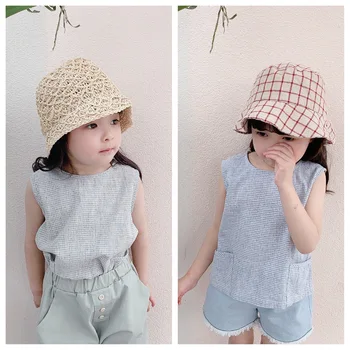 

3498 New Korean Summer 2020 Girl's Plaid Blouse Comfortable Children's Clothes Tops Kids Ramie Cotton Vest Shirt