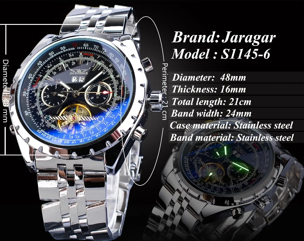 Jaragar Черный Tourbillon Мужские часы автоматический большой циферблат светящаяся Дата дисплей из нержавеющей стали ремешок механический стимпанк Relogio