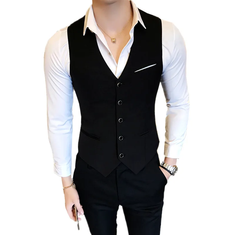 Новые черные мужские Формальные жилет Цвет Slim Fit однобортный повседневный