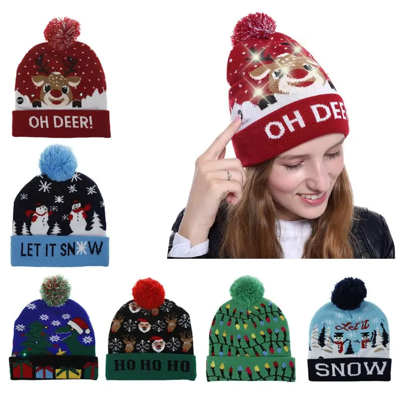 

Women Girl Novelty LED Light Up Knitted Cap Holiday Christmas Colorful Ugly Sweater Funny Patterns Pompom Beanie Cuffed Hat Gift