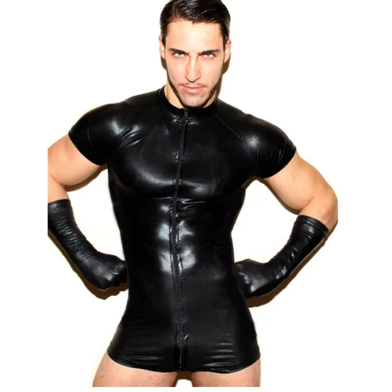 Mens Black Mesh Patent Leather Zipper Bodysuit Sexy Short Sleeve Open Crotch Skin Tight Catsuit Male Clubwear Costume Plus Size men underwear