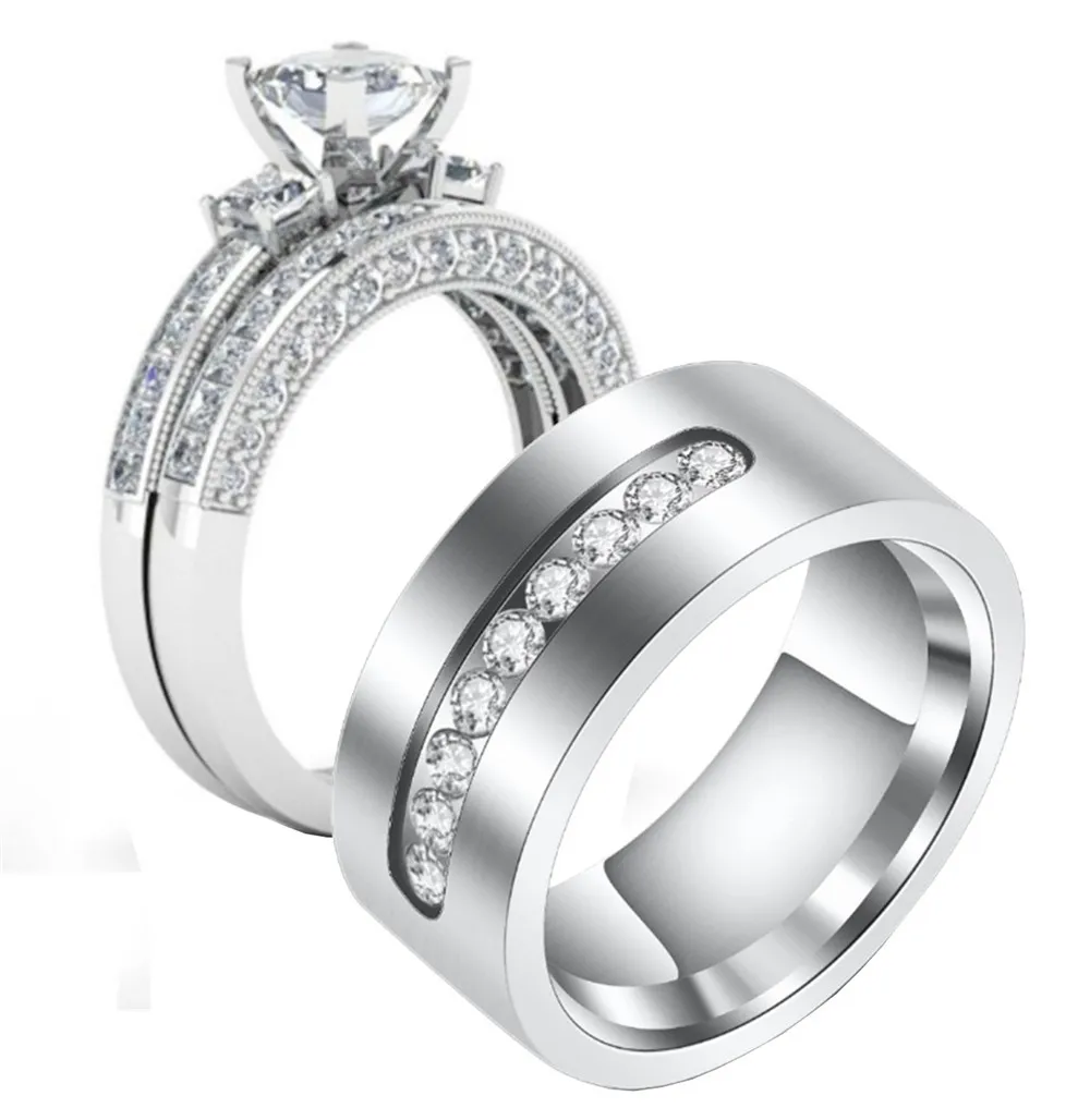 Princess Cut Cubic Zirconia Classic Wedding Rings for Women Men Stainless Steel Couple Band Anniversary Personalized Lovers Gift