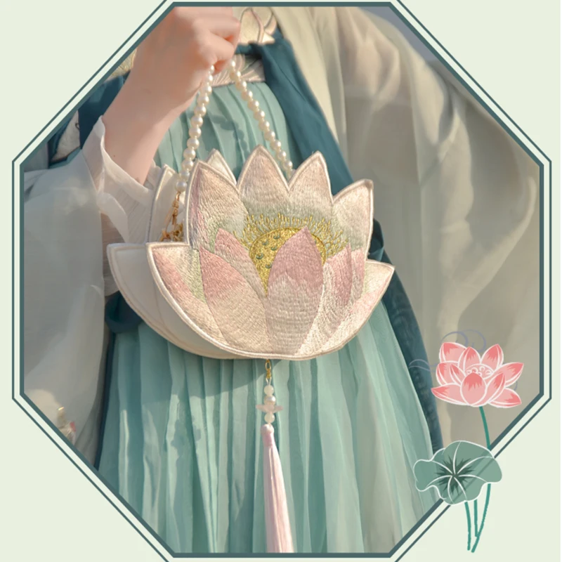 Angelatracy 2021 New Arrival Hanfu Chinese Luxury Lotus Embroidery Tassel Floral Pearl Chain Bags Shoulder Crossbody Bag Totes