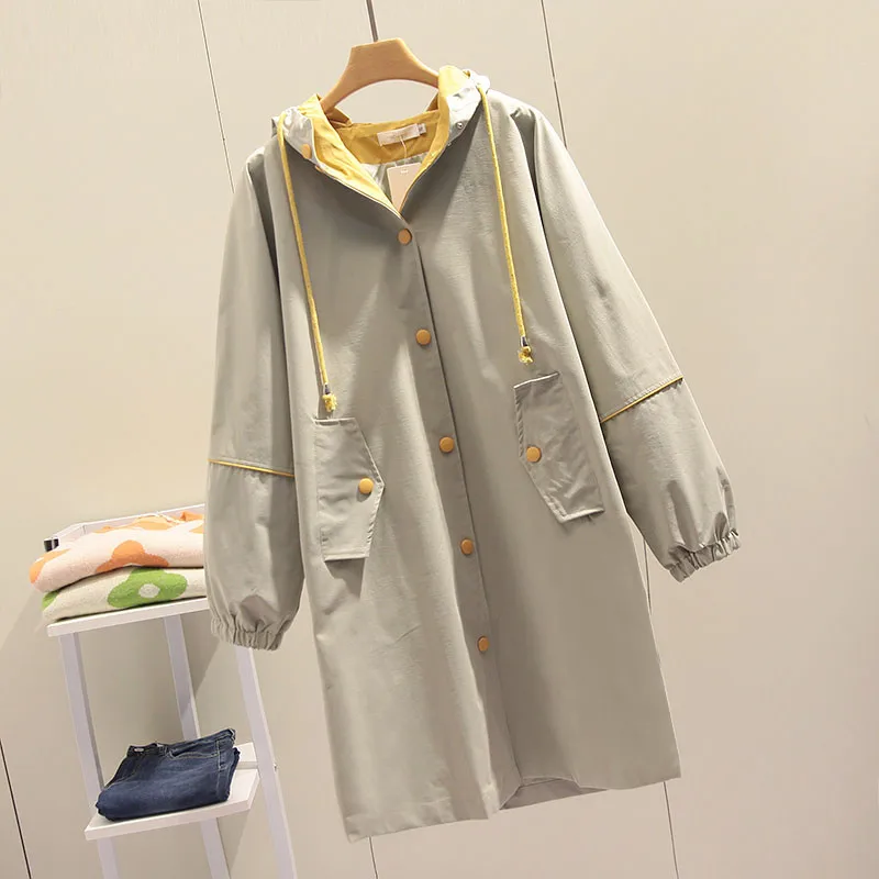 

2020 Spring New Korean Plus size Mid-length Hooded Pocket Windbreaker Coats Loose Casual Sport Trench coat Outerwear Streetwear