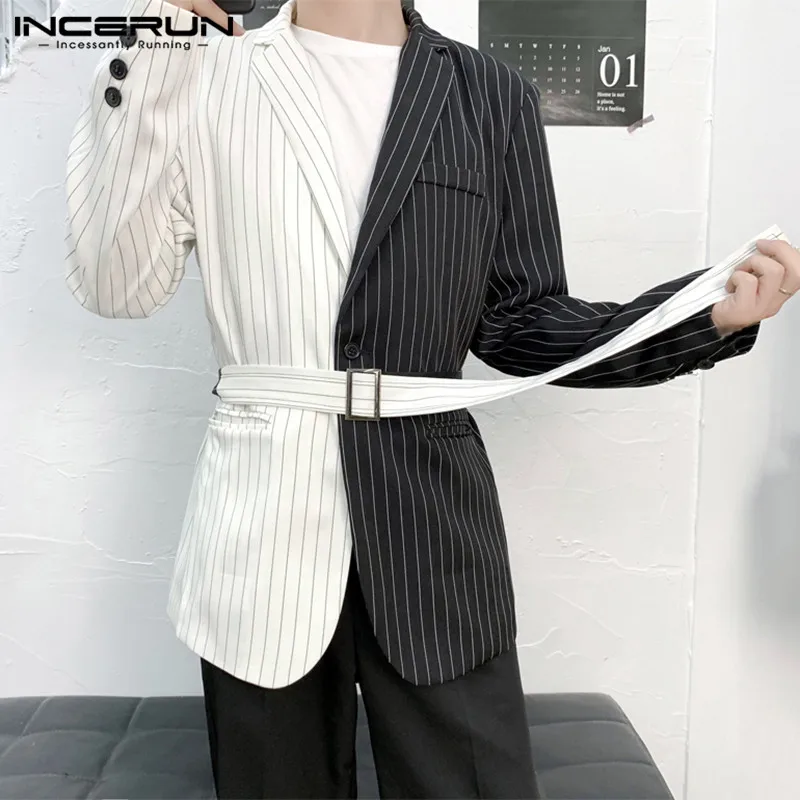 Men Blazer Patchwork Streetwear Long-Sleeve INCERUN Striped Korean Fashion Belt-Coats