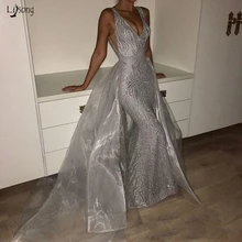 Новое поступление Дубай серебряное блестящее вечернее платье с пайетками Трендовое арабское органза Съемный Поезд Русалка длинное вечернее платье для выпускного вечера