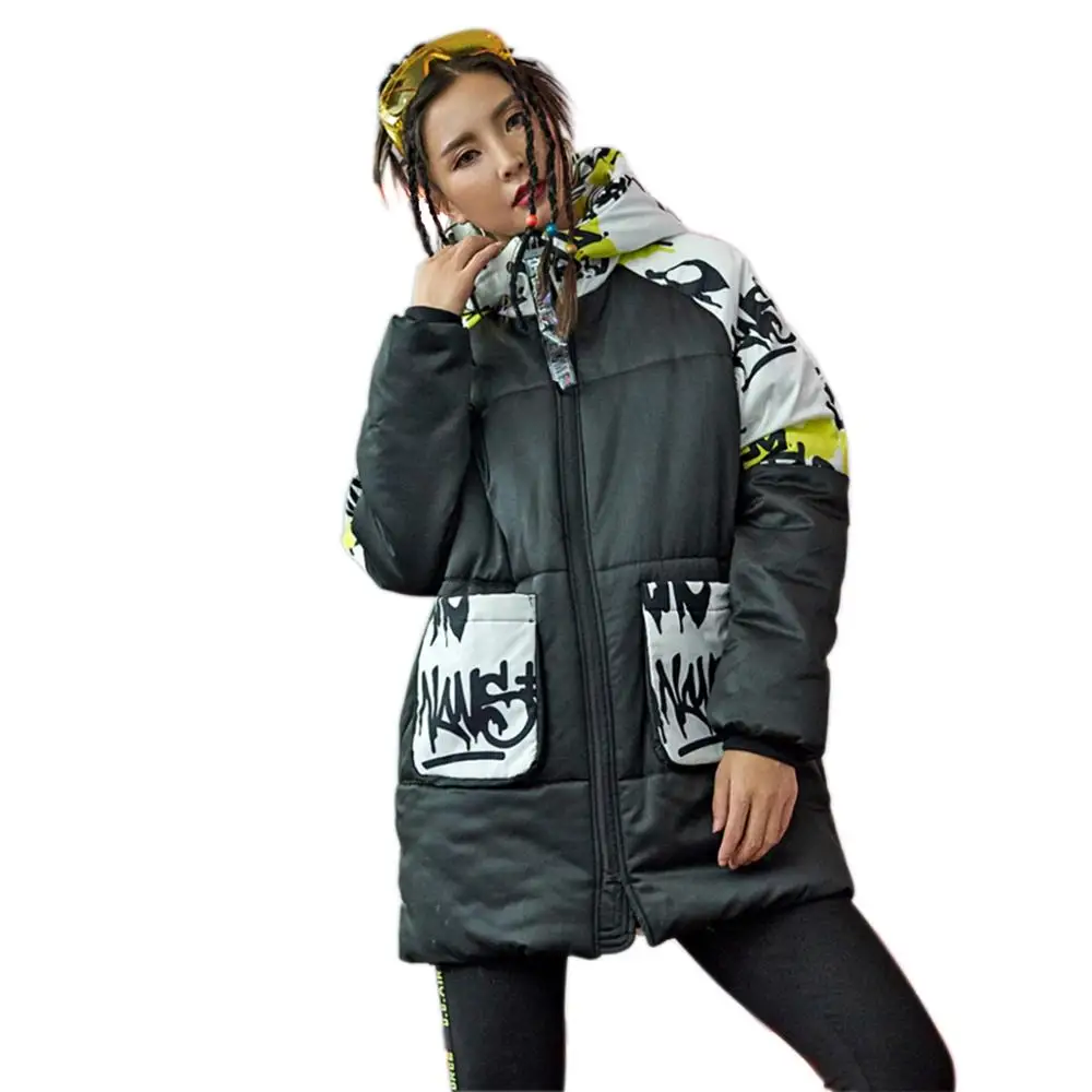 

Street Harajuku Hip Hop Personality Winter Hooded Pocket Jacket Women Loose Parkas Female Warm Coat Text Printed Jacket Outwear