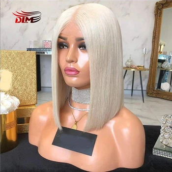 

DLME White Blonde Synthetic Lace Front Wig with Middle Part Heat Resistant Wigs for Women Light Blonde Short Bob Wig Glueless