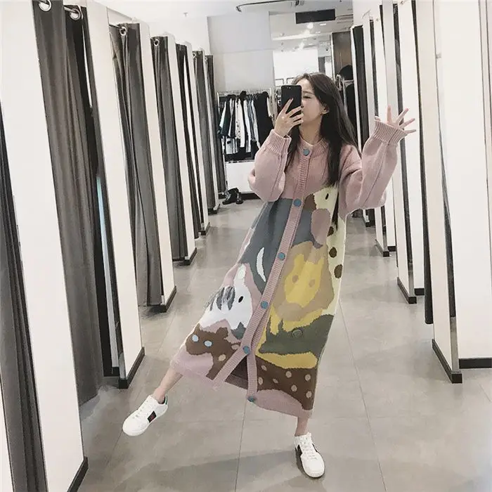 Extra Long Plus Size Sweater Winter Coat Female Loose Casual Windbreaker Jacket Fashion Print Tassel Knit Cardigan Outwear f1526