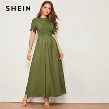 SHEIN армейское зеленое однотонное гипюрное кружево для отделки, облегающее и расклешенное платье для женщин, Летние Элегантные макси платья с коротким рукавом и высокой талией