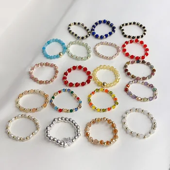 

AOMU Fashion Crystal Beaded Rings Cute Minimalist Muti-colors Bead Round Adjustable Rings for Women Party Gift Jewelry