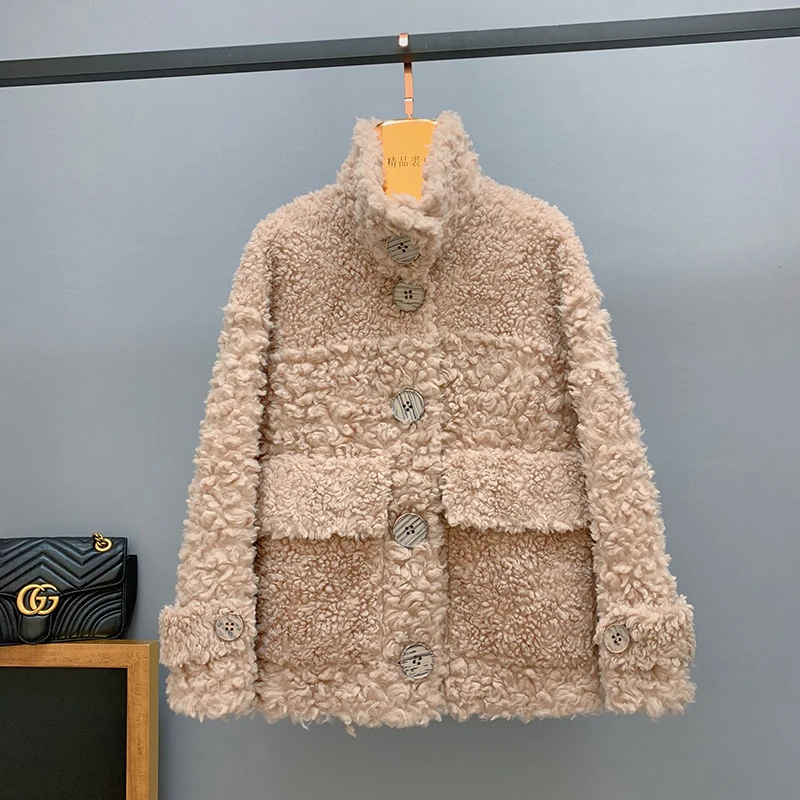 Sheep Sheared Jackets Winter Women Female Real Lamb Fur Single Breasted Coat New Calorie Roll Stand Collar Streetwear - Цвет: light brown