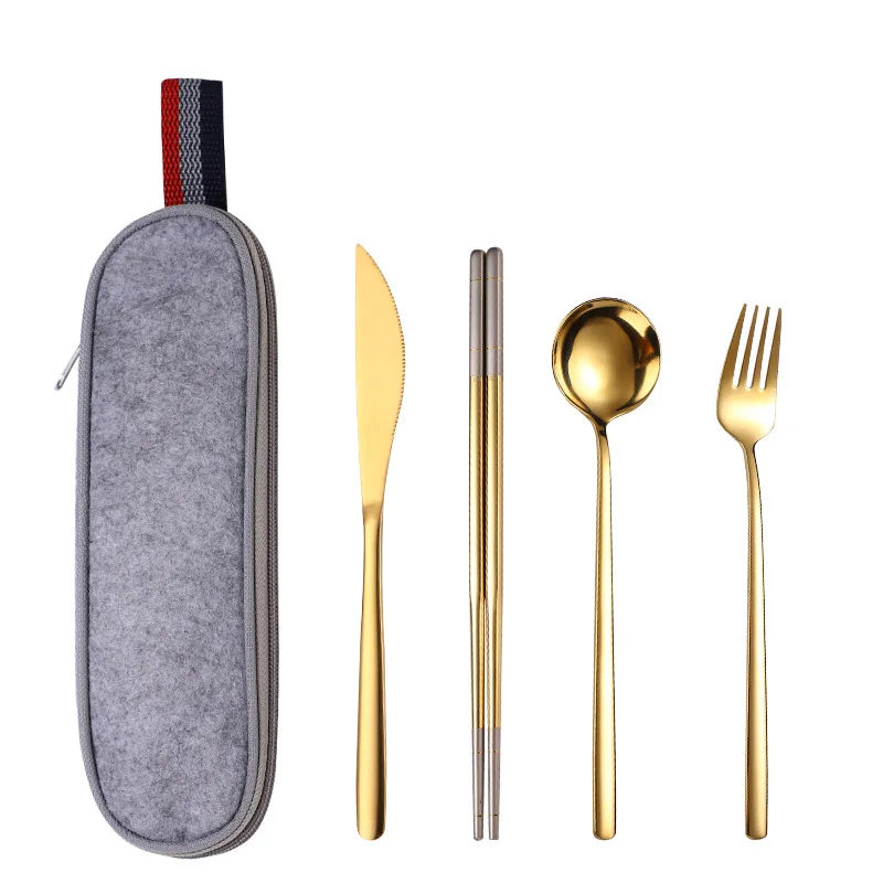 4pcs hs gold Нержавеющая сталь столовая посуда портативный набор столовых приборов нож ложка Вилка палочки для еды соломенная упаковка ткани столовые приборы работа путешествия набор столовых приборов - Цвет: 4pcs hs gold