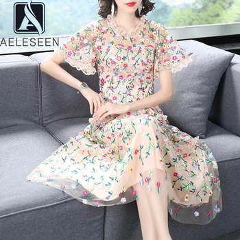 

AELESEEN High Quality Embroidery Dress Women 2020 Runway Fashion Flare Sleeve Lace Luxury Floral Embroidery Pink Blue Dress