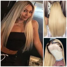 180 плотность бразильские прямые человеческие волосы парик 2 тона темные корни 1B 613 Омбре медовый блонд парик на кружеве с детскими волосами