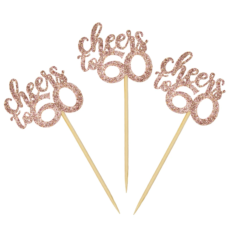 24pcs/pack Glitter Rose Gold Cheers to 60 Paper Cupcake Topper Happy Birthday Cake Party Supply Top Flag | Дом и сад