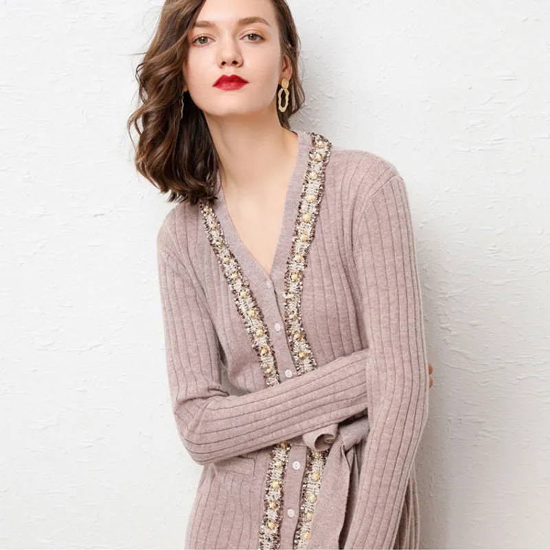

2019 Autumn Winter New Women Vintage Lace Pearl Button Warm Cashmere Knitted Dress V Neck Slim Long Maxi Wool Sweater Dresses