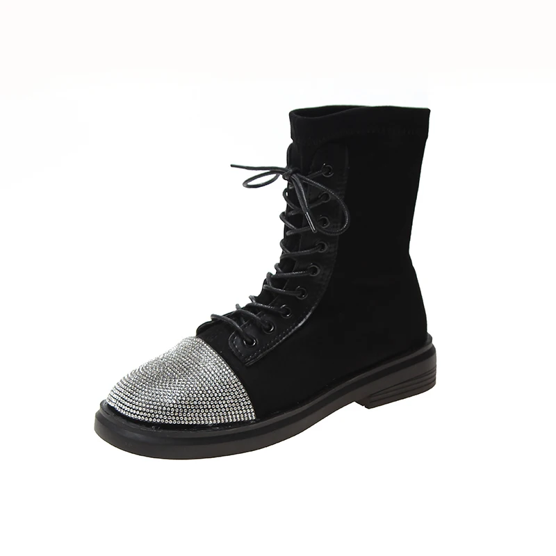 Модные Ботинки martin zapatos mujer, 2109 г. Блестящие стразы на шнуровке, квадратный каблук 3,5 см, размер 35-40, bota feminina - Цвет: Черный