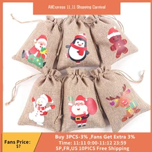 MC 1PC Jute Bags Christmas Gift Drawstring Pouch Cotton Linen Gift Packaging Bags For Jewelry Candy Storage Bags Accessories