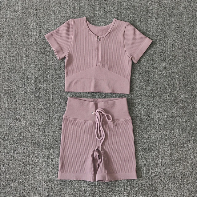 Seamless Women Yoga Set Workout Sportswear Gym Clothing Zipper Long Sleeve High Waist Leggings Fitness Bra Athletic Sports Suits ShirtsShortsPink