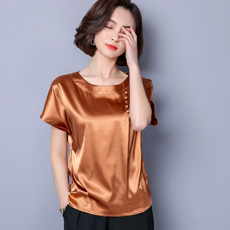 Korean Silk Blouses Women Satin Shirt Tops Plus Size Women Short Sleeve Blouse Shirt Blusas Mujer De Moda 2020 Summer Women Tops