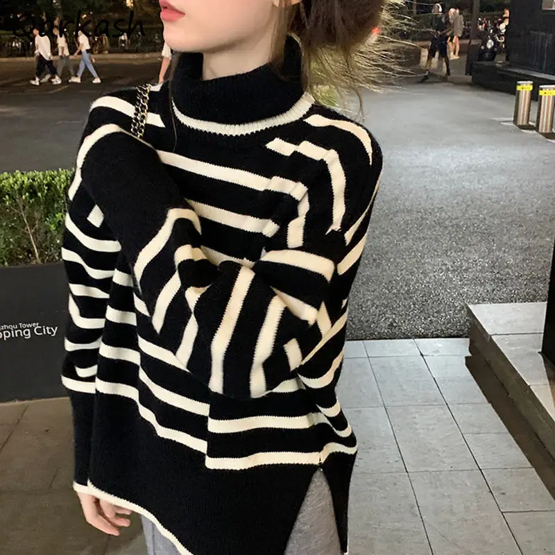 

Pullovers Women Sweater All-match Students Warm Knitwear Turtleneck Striped Cozy Streetwear Autumn Vintage Ulzzang Chic Daily