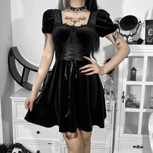 Robe gothique Lolita trapèze à manches bouffantes pour femmes, tenue de soirée japonaise, Vintage, Sexy, en velours, taille haute, Emo Y2k 