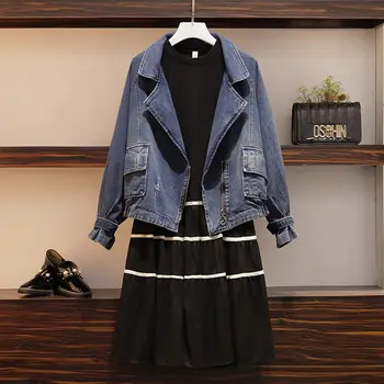 

Plus Size Women's Clothing 2020 Spring New Fashion Temperament Denim Blazer Jacket Dress Two-piece Suit Casual Loose Outfit K133