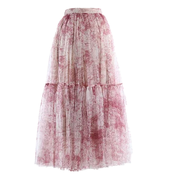 

2020 autumn new fairy net yarn ink printing high-waisted thin skirt pleated and put on the temperament puff skirt