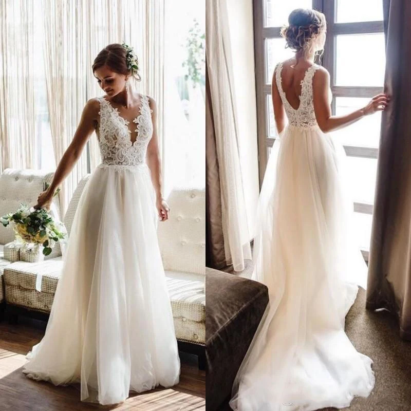 2020 Stunning V Neck Sleeveless Tulle Wedding Dresses Robes De Mariée A Line Sweep Train Garden Bridal Gowns With Lace | Свадьбы и