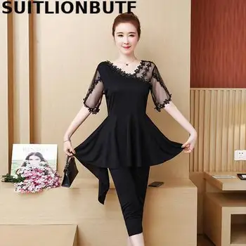 

OL 2020 L-5XL Summer Plus Size Two Piece Set Mesh Patchwork Applique Top Elastic Waist Pencil Pants Ropa Mujer Ensemble Femme