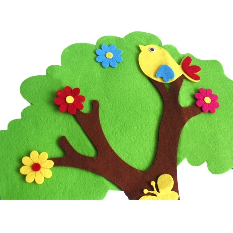 T-N Big Green Bird Tree Nonwoven Felt Package Wall Stickers Creative Rainbow Cartoon Wall Decor for Kindergarten Children Room