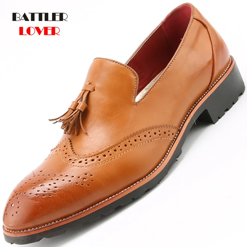 Brand Brogue Yellow Red Black Men Business Dress Shoes Pointed Toe Men