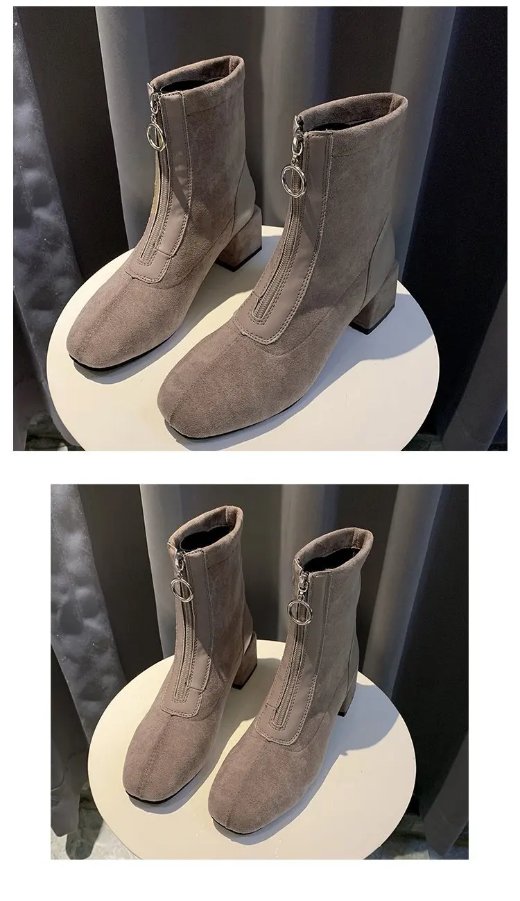 Женские ботинки средней высоты на квадратном каблуке; Zapatos de mujer; модные однотонные Ботинки martin из флока; повседневные женские ботинки «Челси»; короткие плюшевые ботинки
