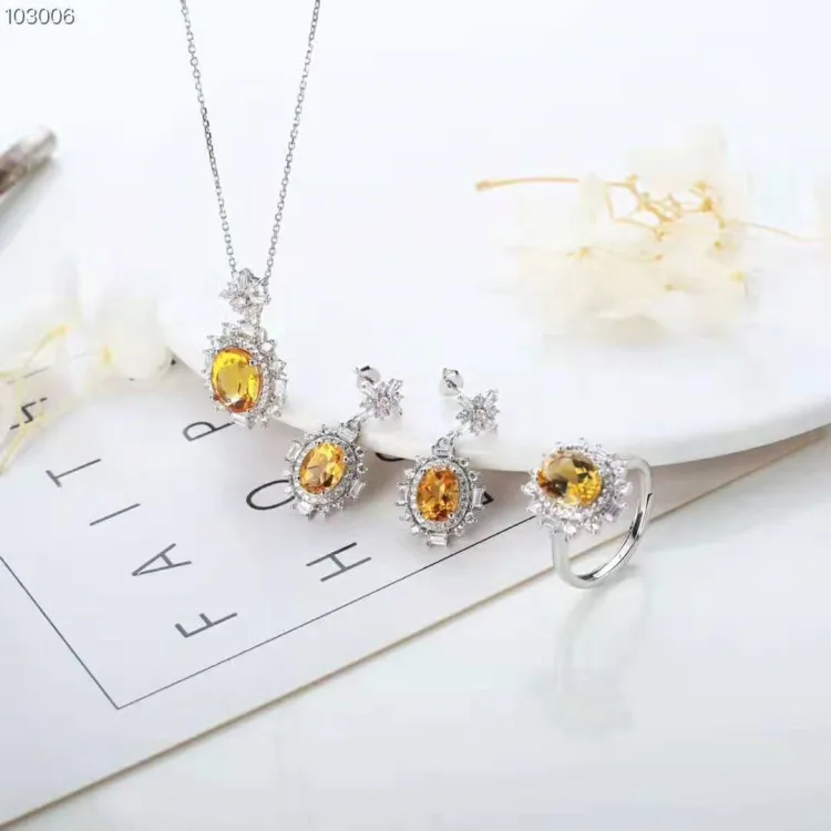 

Fashion New Style Gemstone Set 925 Silver Inlaid Natural Yellow Crystal Pendant Ring Earings Set