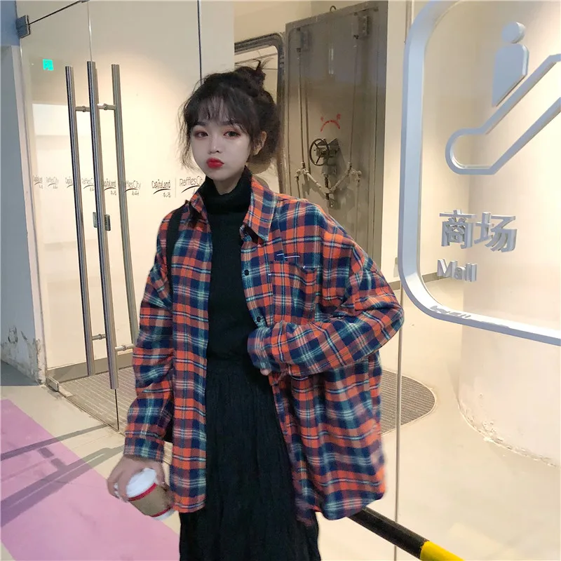 Япония Ulzzang Повседневная рубашка в клетку с лацканами и надписью женские рубашки леди каваи Винтаж Женский Панк Харадзюку туника для женщин топ Ins