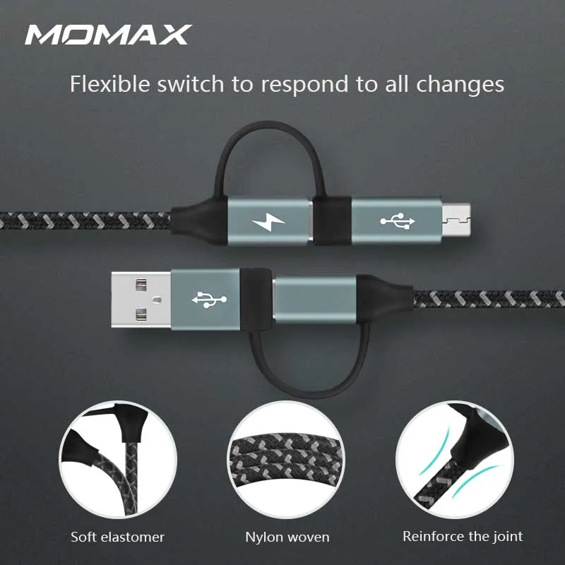 MOMAX тканая 4 в 1 кабель для передачи данных кабель-Переходник USB C на USB A до micro-1.2m три вида интерфейса 3A действительно быстрая зарядка полностью совместим с