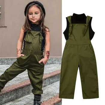 

Summer Toddler Baby Girl Clothes Sets Sleeveless Turtleneck Black Vest Top+Solid Overall Jumpsuits Pants Outfits 2-7 Year