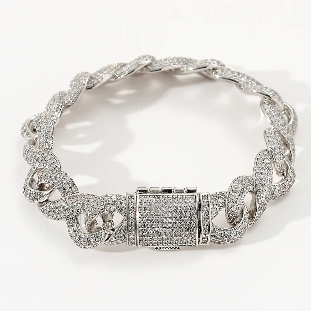 

15mm Hip Hop Silver Color Heavy Full Iced Out Paved Zircon Prong Cuban Chain CZ Stone Bling Bracelets For Men Rapper Jewelry