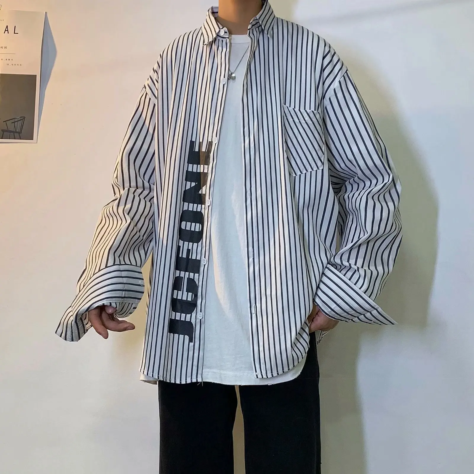 2021 New Blue Stripe Shirt Men's long sleeve autumn Korean fashion printed fried Street Shirt casual coat camisa social