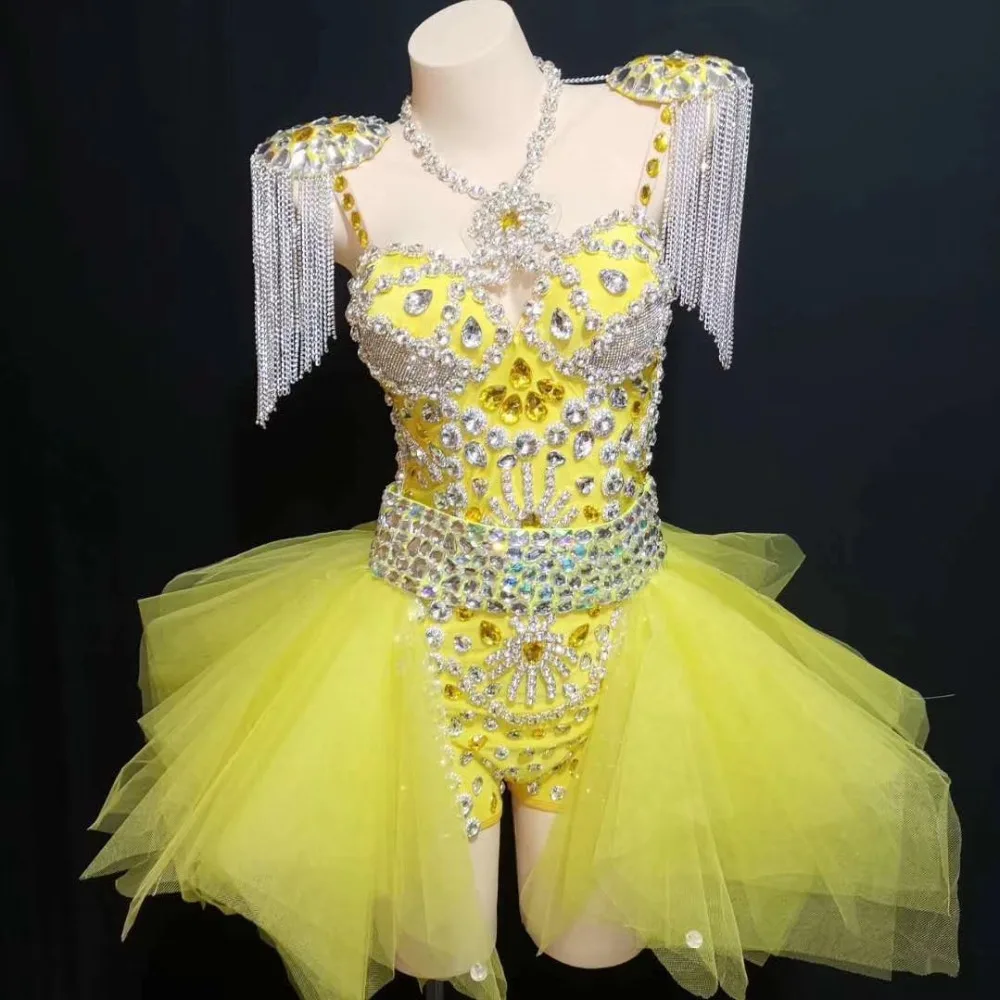 Sexy Tassel Shoulder Badge Rhinestone Bodysuits+Bubble Skirt Women Celebration Occasion Dancer Outfits Club Disco DJ Stage Wear