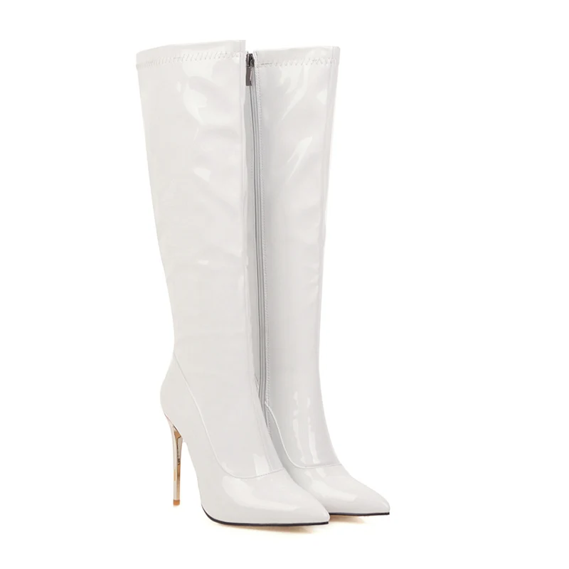 Роскошные кожаные высокие сапоги на шпильках женские сапоги до колена на высоком каблуке 10 см; женские блестящие туфли для стриптиза на выпускной; цвет белый, красный - Цвет: Белый
