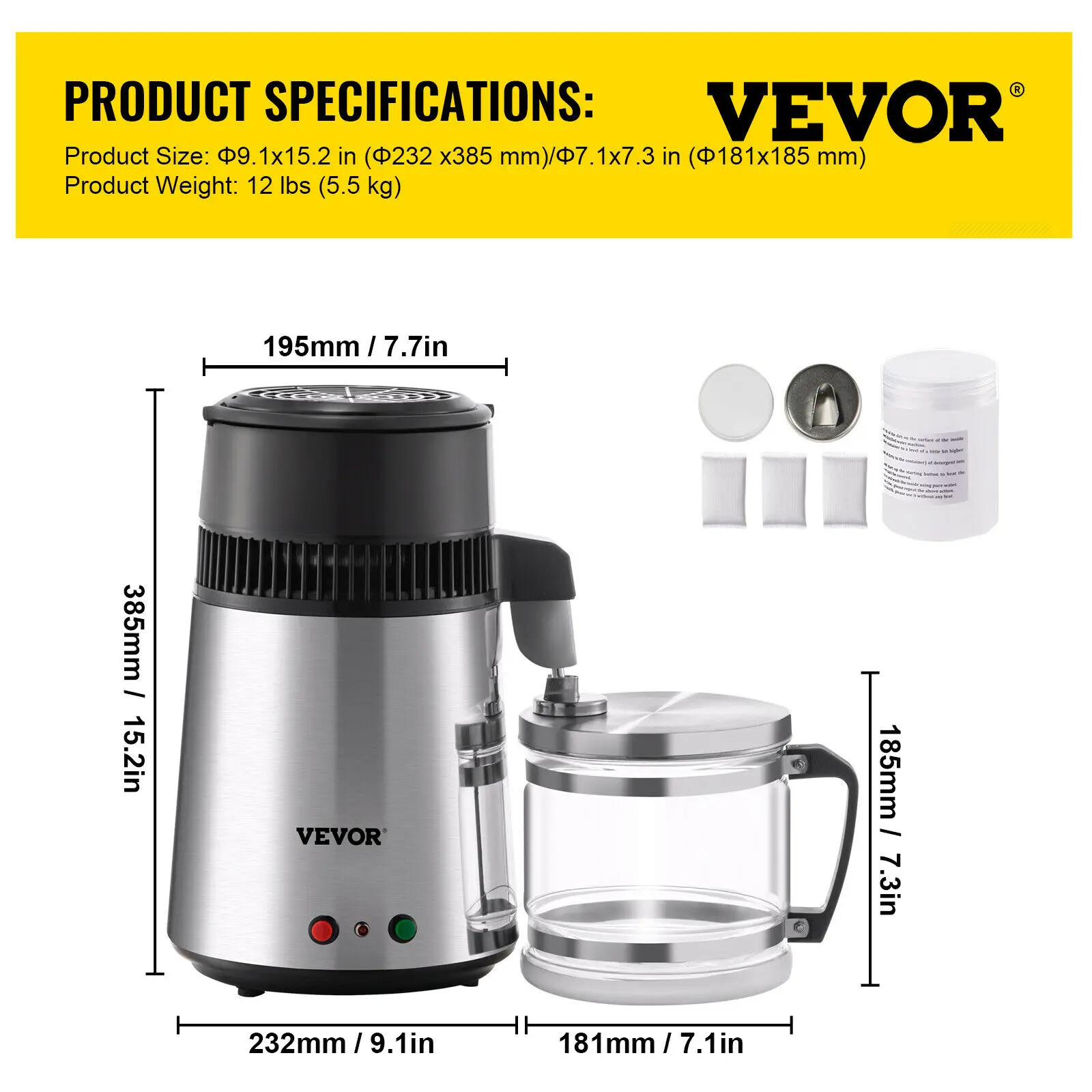 VEVORbrand 4L Water Distiller Pure Water Distiller with Dual