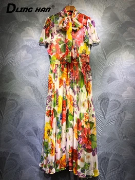 

DLINGHAN Fashion Rose Floral Print Chiffon Dress Elegant Bow collar Short sleeve Party Dresses Designer Summer Women's New