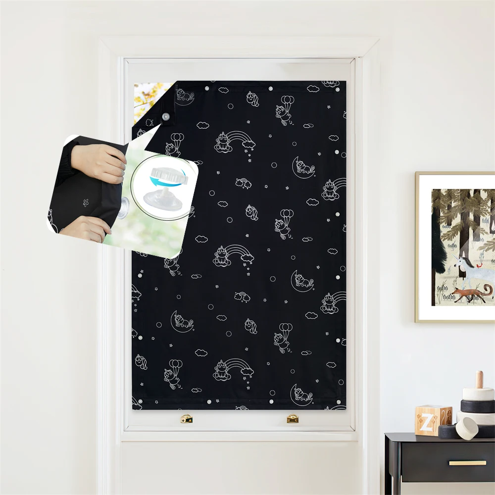 1PC Portable Sunshade Unicorn Curtain Suction Cup Type Sun Cloth Folding Blind Curtain Window Curtain Drapes Black 198X130CM