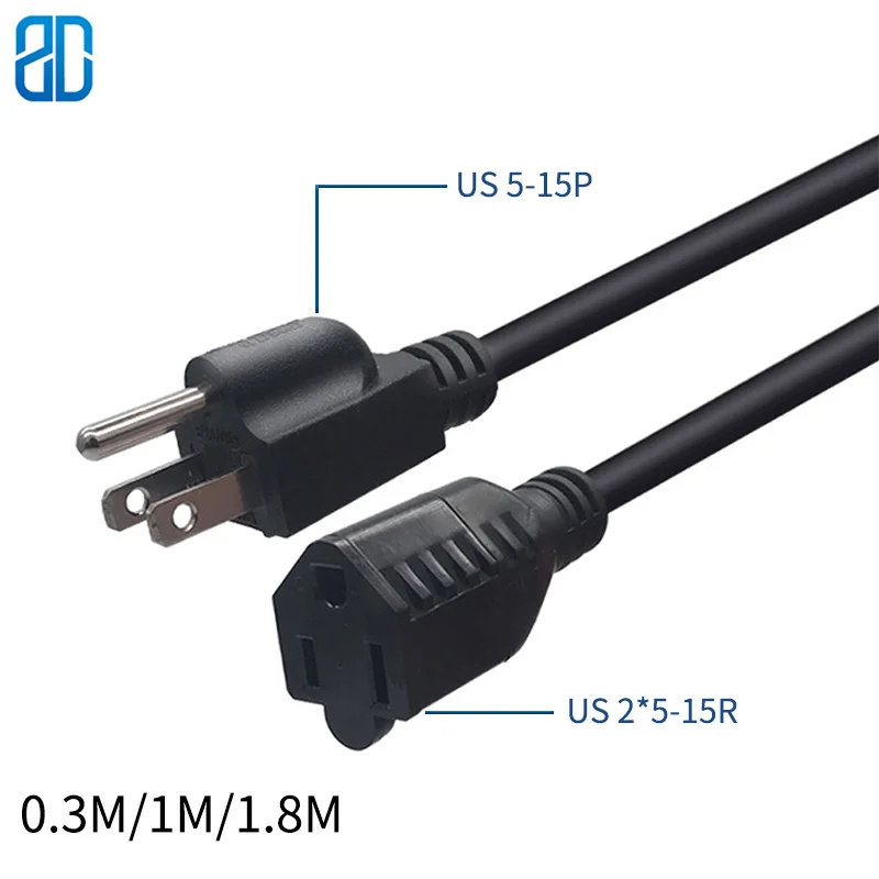 

0.3M/1FT 3*0.824mm US Nema 5-15P TO 5-15R AC Power Extension Cable Cord Nema 5-15P To 5-15R Socket Power Cord 15A/125V