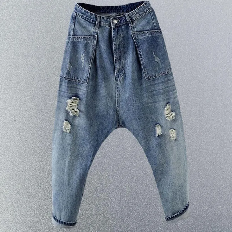 Harem Pants Long Crotch Jeans Baggy Denim Cross-Pants Women New BF