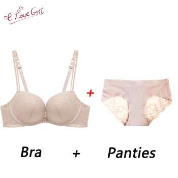 

E lovegirl Bra set Deep V Gather Sexy Front Buckle No Steel Ring Lace Edge Female Beauty Back Underwear Lace Hollow Out Briefs