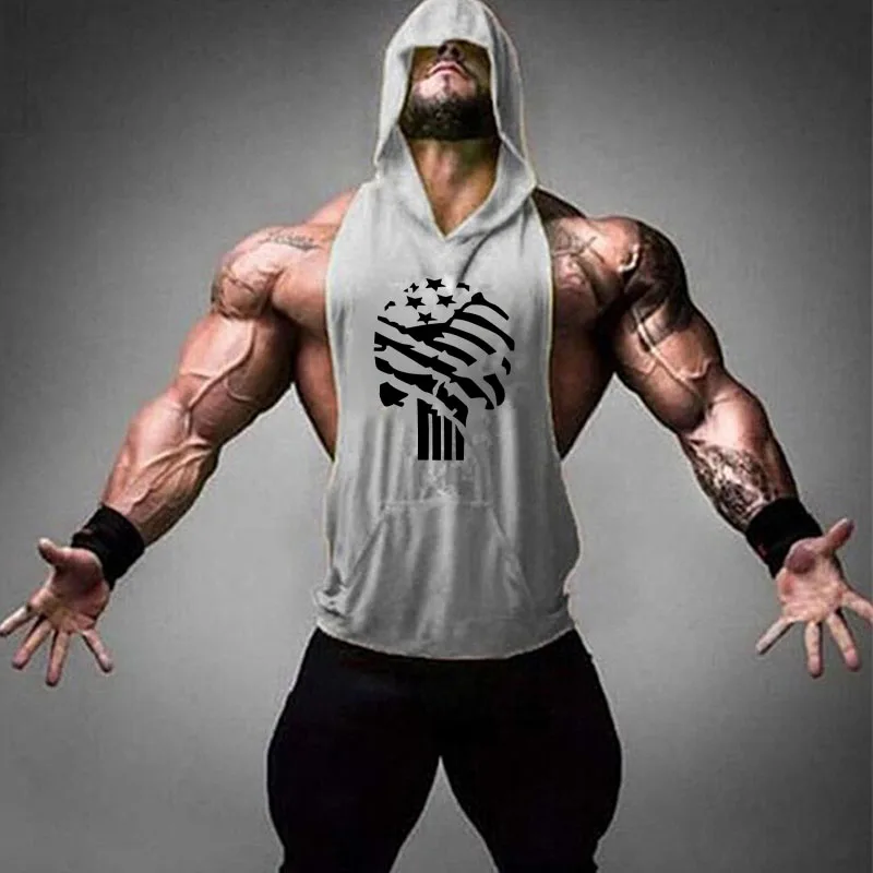 Skull Printing Bodybuilding Hooded Tank Tops men Gyms Stringer Shirt Fitness Tank Top Men Gyms Clothing Cotton Vest Shipping - Цвет: 027