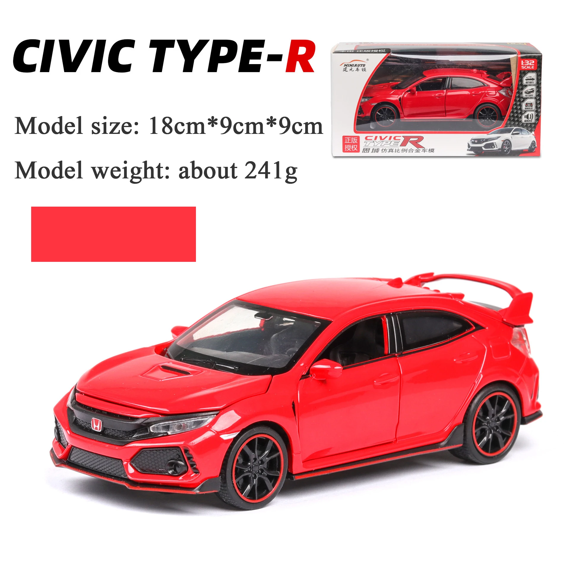 Red With Box 1:32 шкала литья под давлением Civic Тип R имитация звука и светильник из сплава украшение автомобиля украшения модель автомобиля игрушка для детей - Цвет: Red With Box